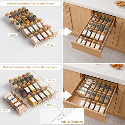 4 Pack Adjustable Spice Rack for Drawer - 9" to 17.7" Expandable Spice Drawer Organizer 4 Tier Acrylic Seasoning Organizer Rack,Clear Spice Rack Tray for Spices,Condiment,Nail Polish and Jar (4)