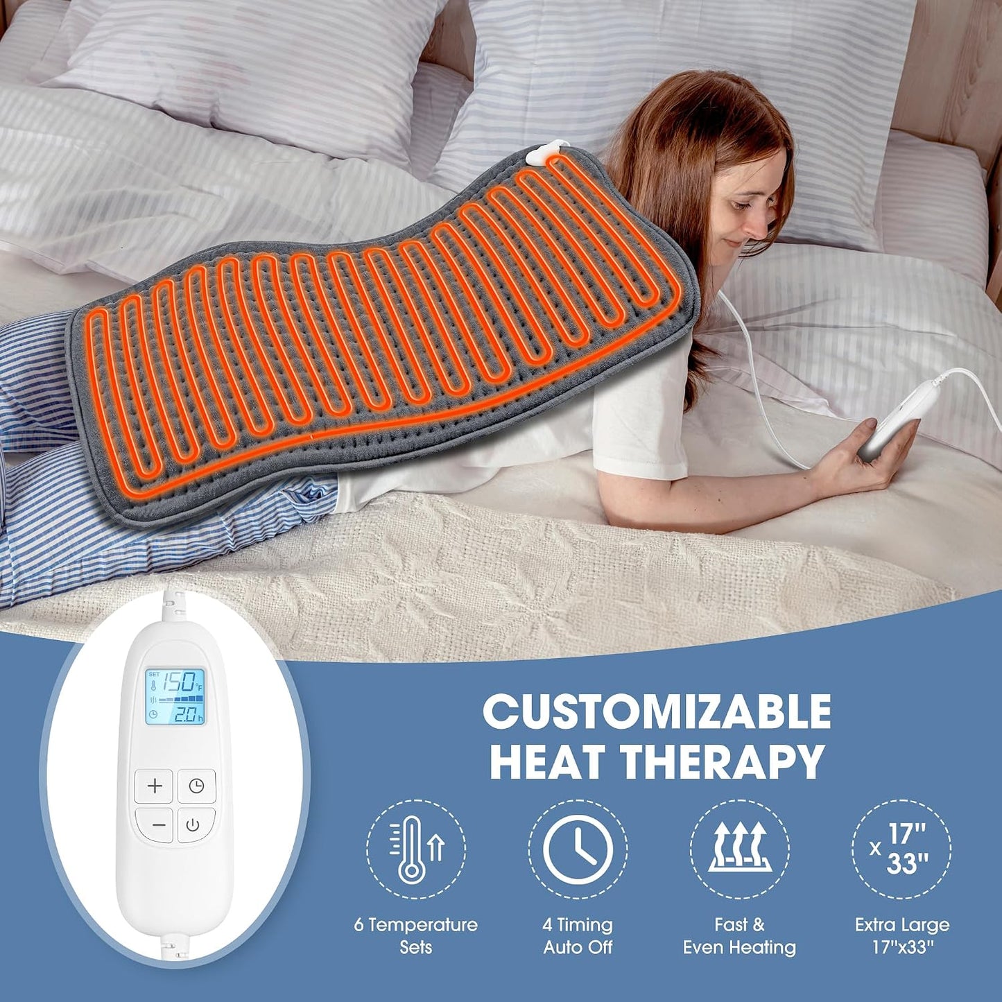 FluffyWarmth Electric Heating Pad for Back, Extra Large 17"x33", Ultra Soft | XXXL for Full Body, Period Cramps, Neck Shoulder Back Pain Relief, 6 Heat Settings 4 Timers Heating Pad, Gifts for Women Men