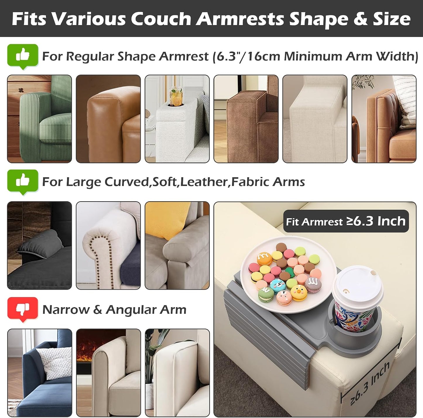 GHKINMAL Couch Cup Holder Tray, 3 in 1 Couch Arm Trays,Large Bamboo Chair Arm Rest Tray with 360° Cup Holder,Removable Anti-Slip Organizer for Snack Eating