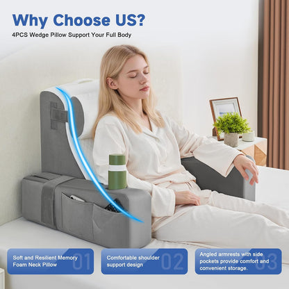 Reading Pillow for Sitting in Bed Adult, Back Pillow for Bed Sitting up with Arms, Pockets and Cup holder, Sit Up Backrest Pillows for Beds Chair Support, Rest Pillow for Gaming (Light gray)