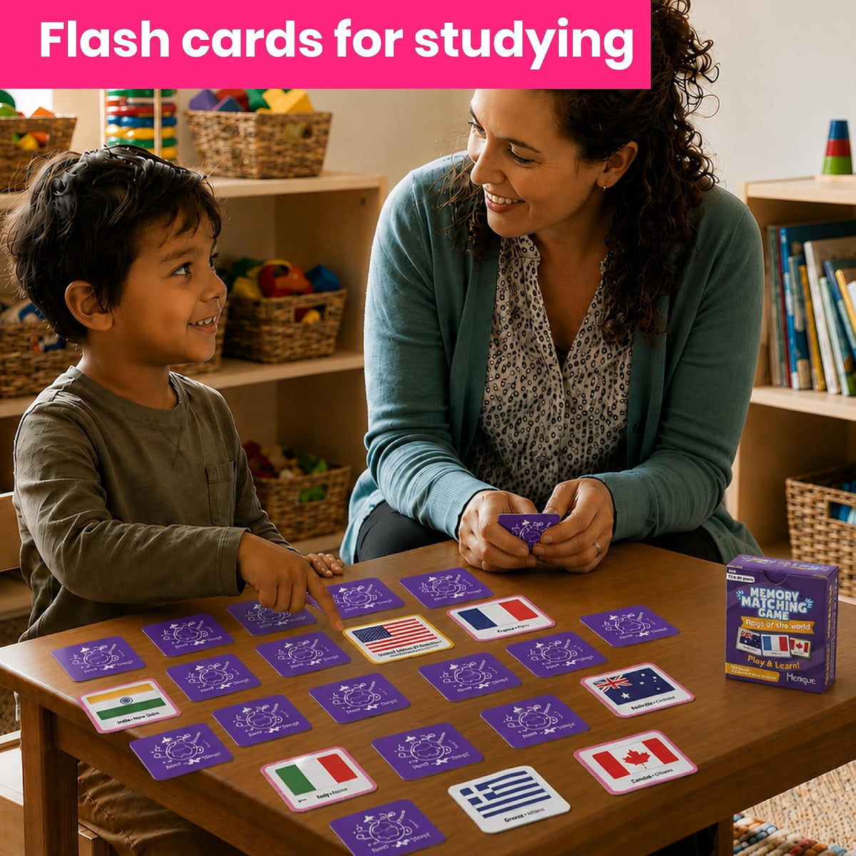 Menique Flags of the World Memory Matching Game – 100 Cards, 50 Countries & Capitals – World Flags Flash Cards for Kids & Adults – Color-Coded by Continent