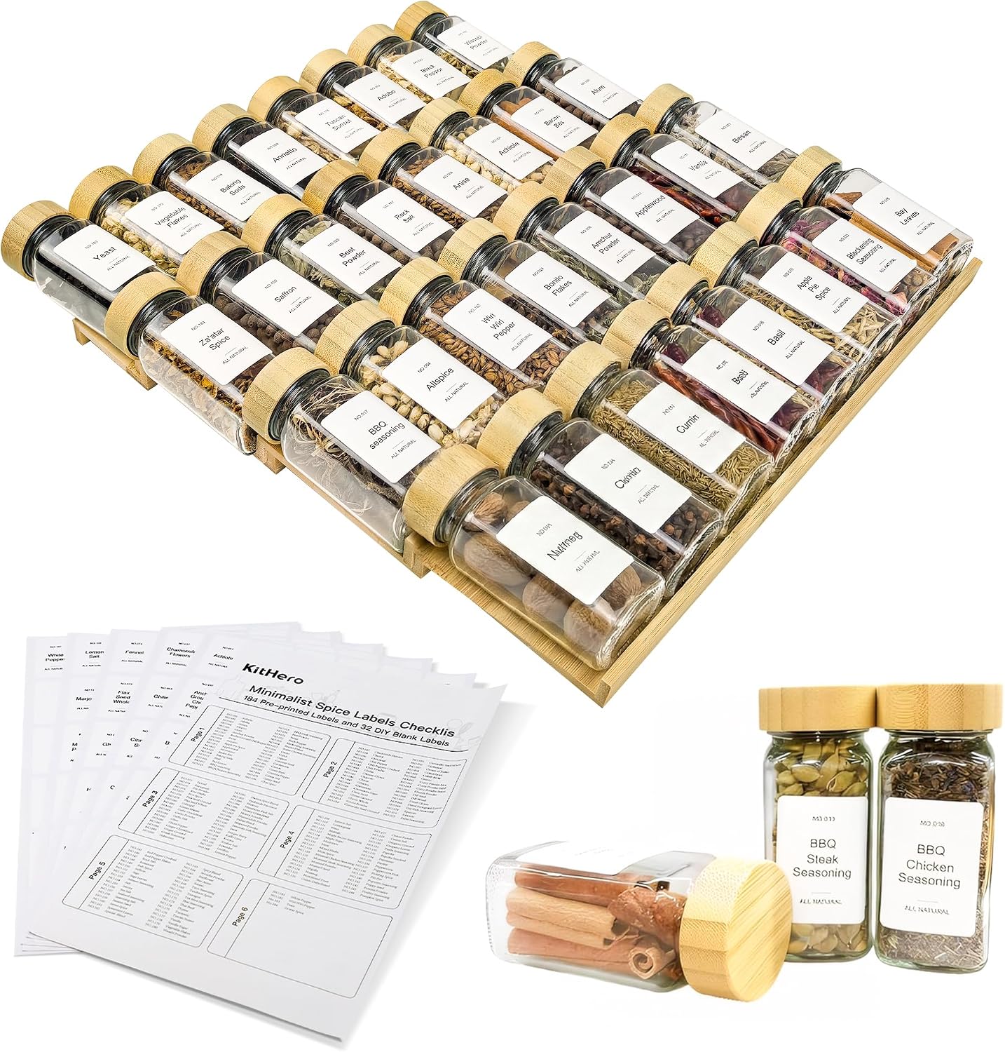 Spice Drawer Organzier,4 Tiers Bamboo Spice Rack Tray Insert for Cabinet Drawer Countertop, Kitchen Seasoning Storage Drawer Organization,14.57" Wide x 15.8" Deep （Hold UP To 32 Jars