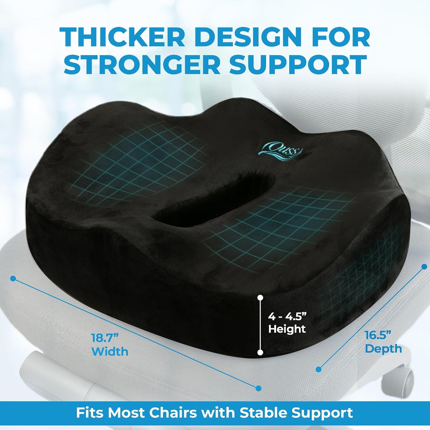 Seat Cushion, for Office Chairs, Coccyx & Tailbone Pain Relief, Ergonomic Design, Memory Foam, Non-Slip Washable Cover, for Office, Car, Wheelchair, Gaming