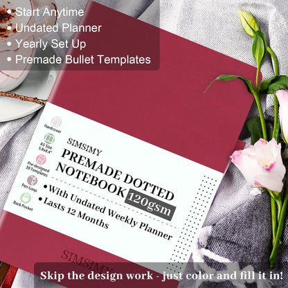 Premade Dotted Journal Notebook with Bullet Templates, Pre-made Dot Grid Journaling with Undated Weekly & Monthly Planner, Various Trackers - 12 Month Organization, A5 Hardcover