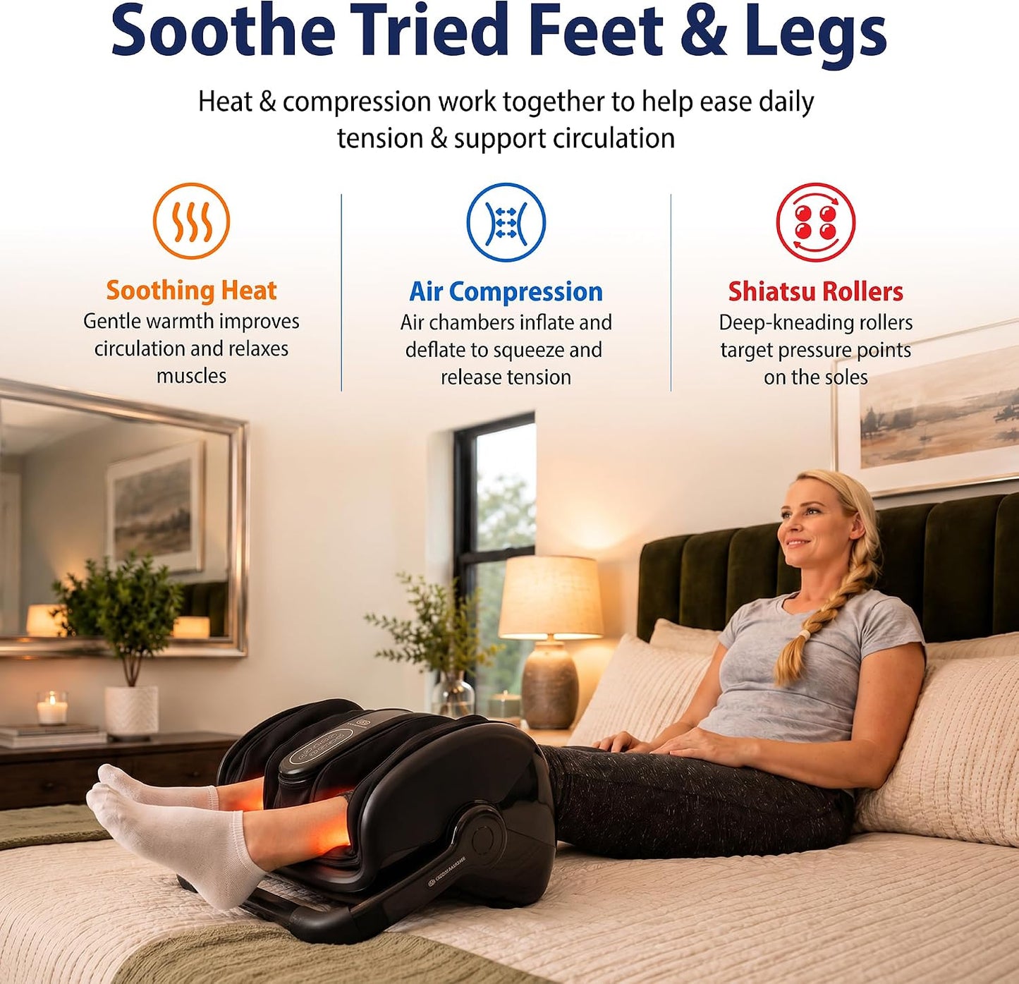 Shiatsu Foot Massager with Heat, Standard Size, White | Deep Kneading & Compression, Adjustable Intensity, Multi-Mode Leg and Foot Massager with Remote Control, Anti-Slip Base
