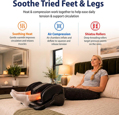 Shiatsu Foot Massager with Heat, Standard Size, White | Deep Kneading & Compression, Adjustable Intensity, Multi-Mode Leg and Foot Massager with Remote Control, Anti-Slip Base
