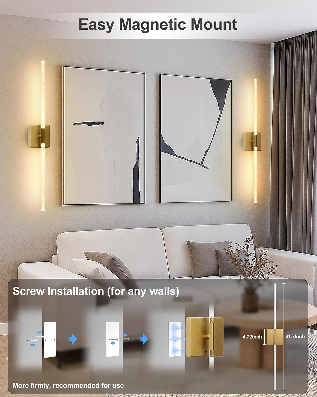iThird Battery Operated Wall Sconces Set of 2: 10000mAh Rechargeable Wireless Wall Lights, 360° Rotatable Magnetic Wall Lamp, 4CCT Dimmable LED Wall Lighting for Bedroom Living Room Hallway, 31.7in