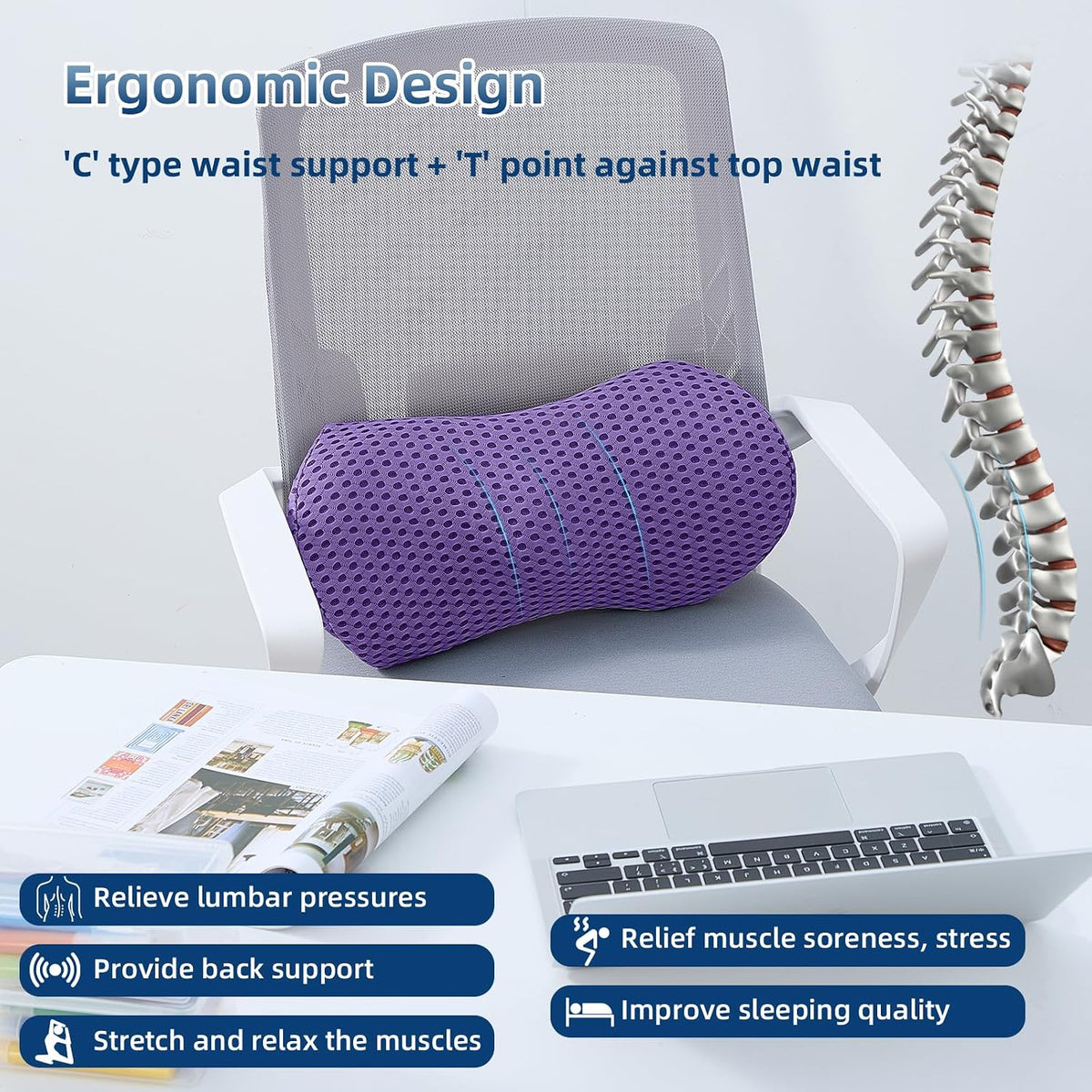 Lumbar Pillow, Memory Foam Lumbar Support Pillow for Office Chair and Car Seat, Ergonomic Streamline Back Pillow for Lower Back Pain Relief, Back Support Pillow for Sitting, Driving, Traveling