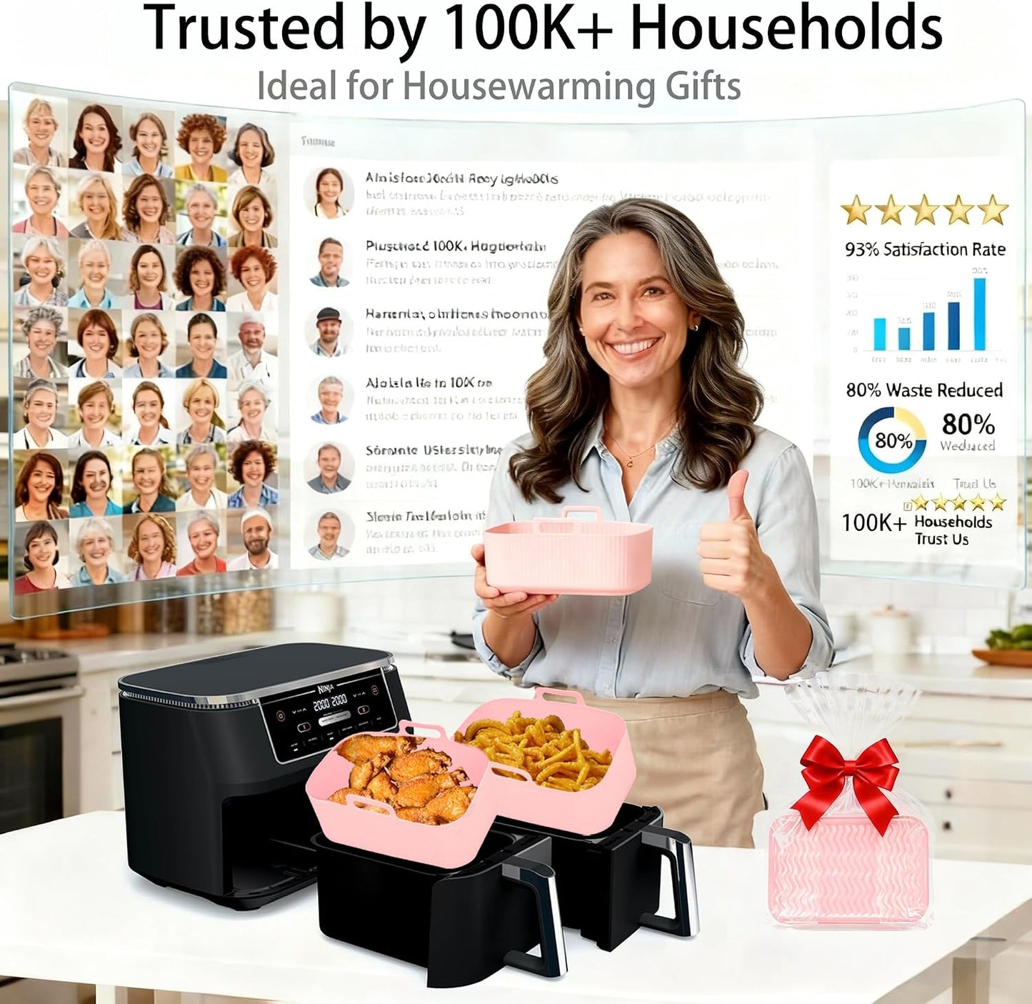 Silicone Air Fryer Liners for Ninja - Reusable DZ201 8QT Dual Basket - Rectangular 2-Pack Vacuum-Packed Easy-Clean Dishwasher-Safe Food-Safe for Home Chefs - Housewarming Gifts