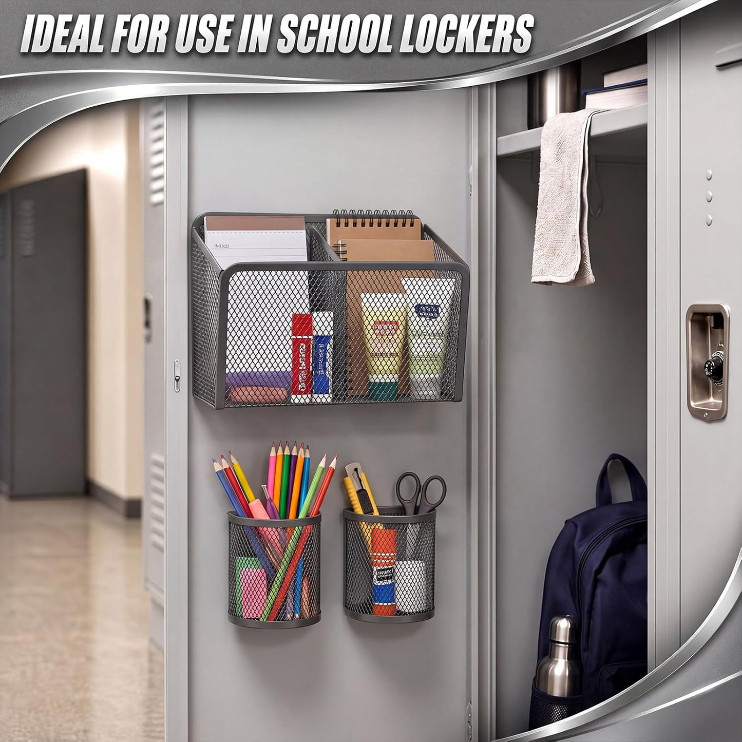 3 Pcs Magnetic Locker Accessories Mesh Metal Pen Holder,Sage Green | Strong Magnets Magnetic Pencil Holder, Mesh Metal Marker Storage Basket Organizer, for Locker Whiteboard Fridge School Office