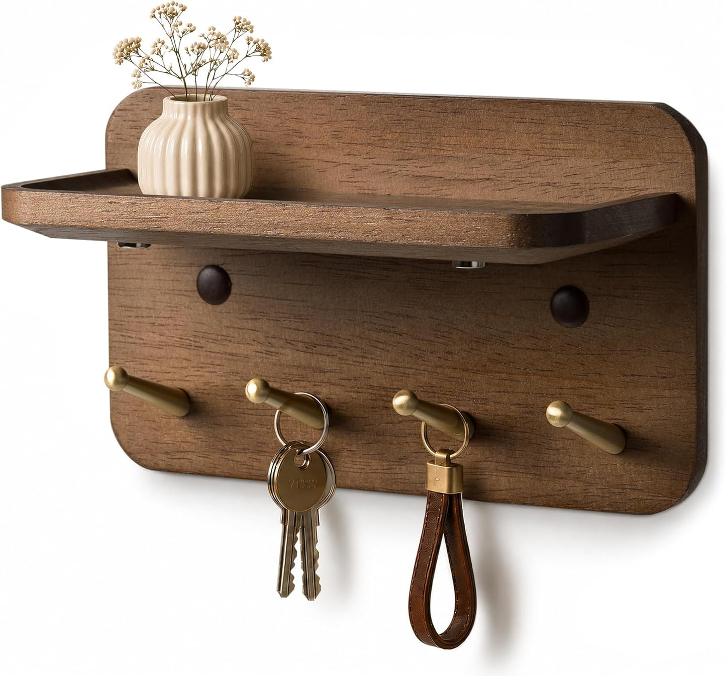 Key Holder Wall Mount, Solid Wood Key Holder for Wall with 4 Brass Hooks & Hidden Magnets, 15° Incline Hooks & Grooved Design to Prevent Slipping, Vintage Brown Key Hanger