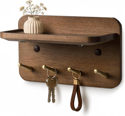 Key Holder Wall Mount, Solid Wood Key Holder for Wall with 4 Brass Hooks & Hidden Magnets, 15° Incline Hooks & Grooved Design to Prevent Slipping, Vintage Brown Key Hanger