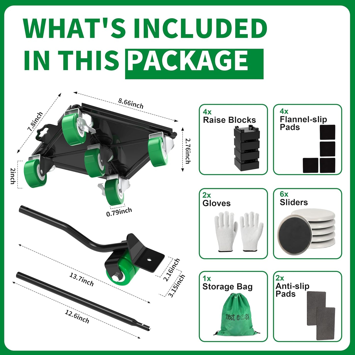 Heavy Duty Furniture Dolly 360 Rotate 5 Wheels 3000 Lbs Capacity 5.3x5.3 in | Furniture Movers with Green Wheels, Measure Tape & Leveler, Alloy Steel Furniture Lifter Tool for Smooth Home & Office Uses