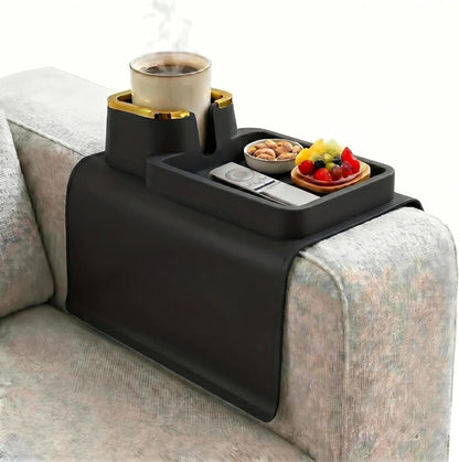 Luxury Gold Trim Couch Cup Holder Tray - Weighted Anti-Spill Navy Blue Silicone Sofa Armrest Organizer, Non-Slip Recliner Tray Table for Drinks, Remote, Phone - Fits Most Couch Arms