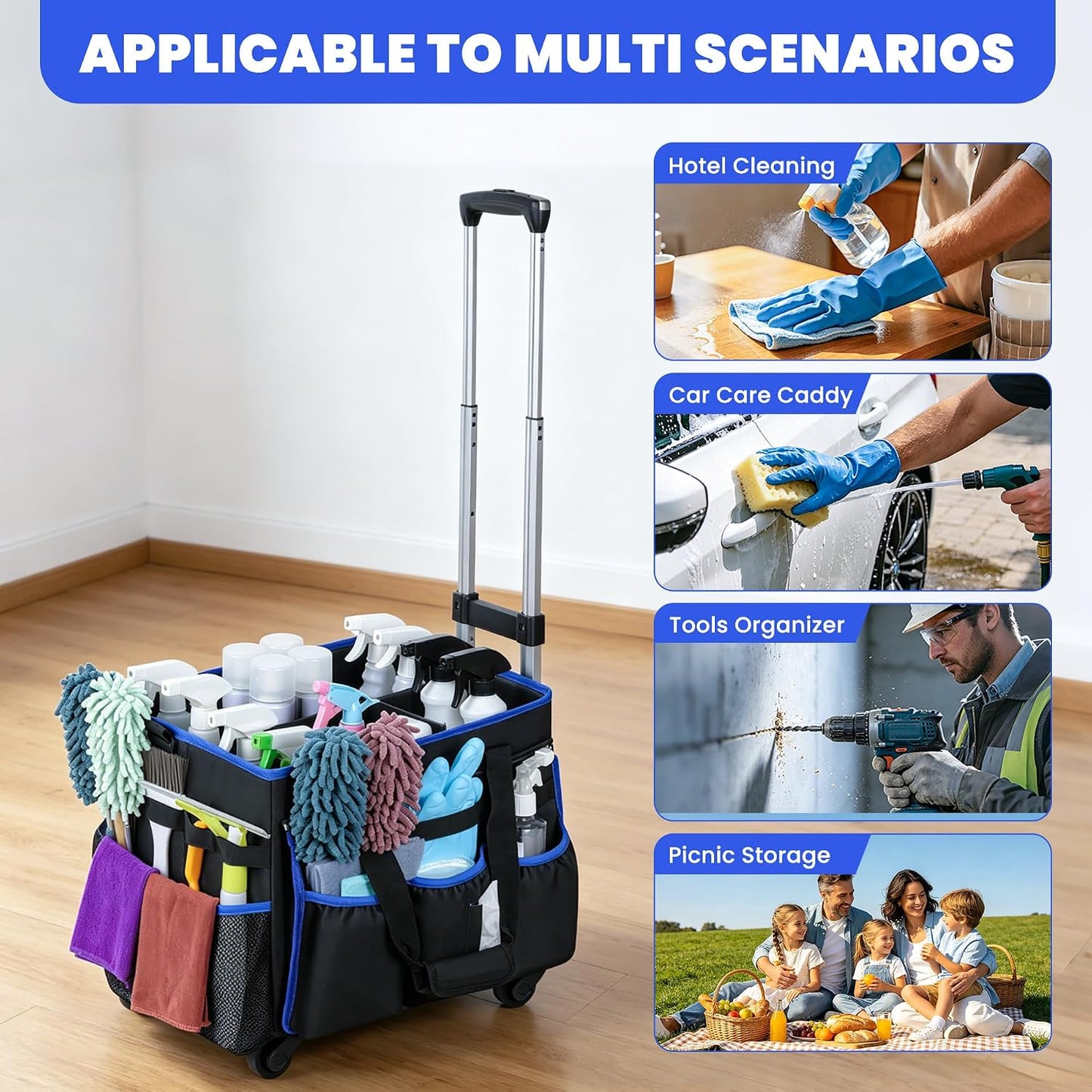 Rolling Cleaning Caddy Bag with Detachable Trolley, Large Multi-Pockets Cleaning Supply Organizer with Handles and Shoulder Strap, Cleaning Cart Supplies Organizer for Housekeepers, Cleaners, Car