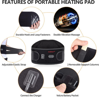 CUEHEAT Heated Waist Belt with Massage - Cordless Lower Back Heating Pad | 3 Heat Settings, 3 Vibration Modes, 7.AV Rechargeable Battery, Adjustable Fit for Wearable Lower Back Warmth