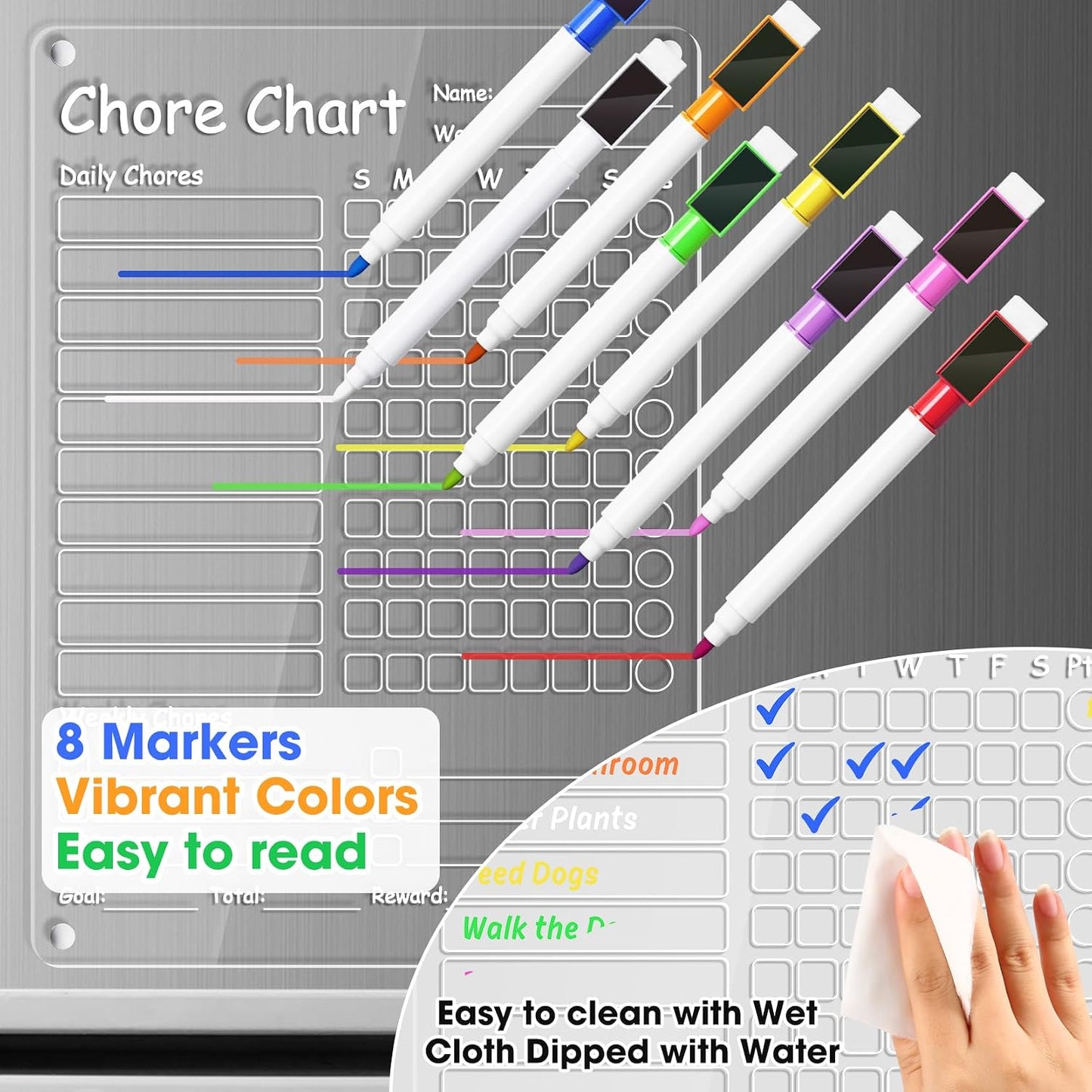 Acrylic Meal Planner Weekly Calendar Menu Board for Kitchen, w/ 8 Markers | Clear Weekly Fridge Calendar Planning Note Board Dry Erase to Do/Grocery/Shopping List/Chore Chart, 12.8x9’’