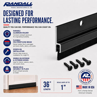 Randall Manufacturing Co., Inc | Door Sweeps – Aluminum & Brush | Brush Sweeps for Gaps Up to 1” | Black Holder | 3 Feet | Fill Gaps & Keep Unwanted Debris Out