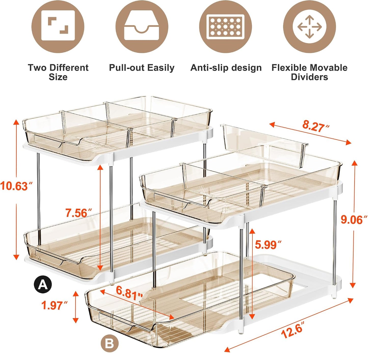 Delamu 2-Tier Multi-Purpose Bathroom Under Sink Organizers and Storage, Stackable Kitchen Pantry Organization, Pull Out Medicine Cabinet Organizer with Movable Dividers, White, 2 Pack