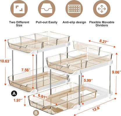 Delamu 2-Tier Multi-Purpose Bathroom Under Sink Organizers and Storage, Stackable Kitchen Pantry Organization, Pull Out Medicine Cabinet Organizer with Movable Dividers, White, 2 Pack