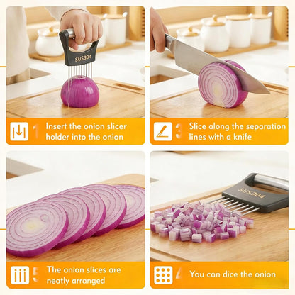 304 Stainless Steel Onion Holder & Slicer - Multi-Fruit Vegetable Fixing Tool with Sharp Prongs for Tomato, Lemon, Avocado - Safe Kitchen Gadget