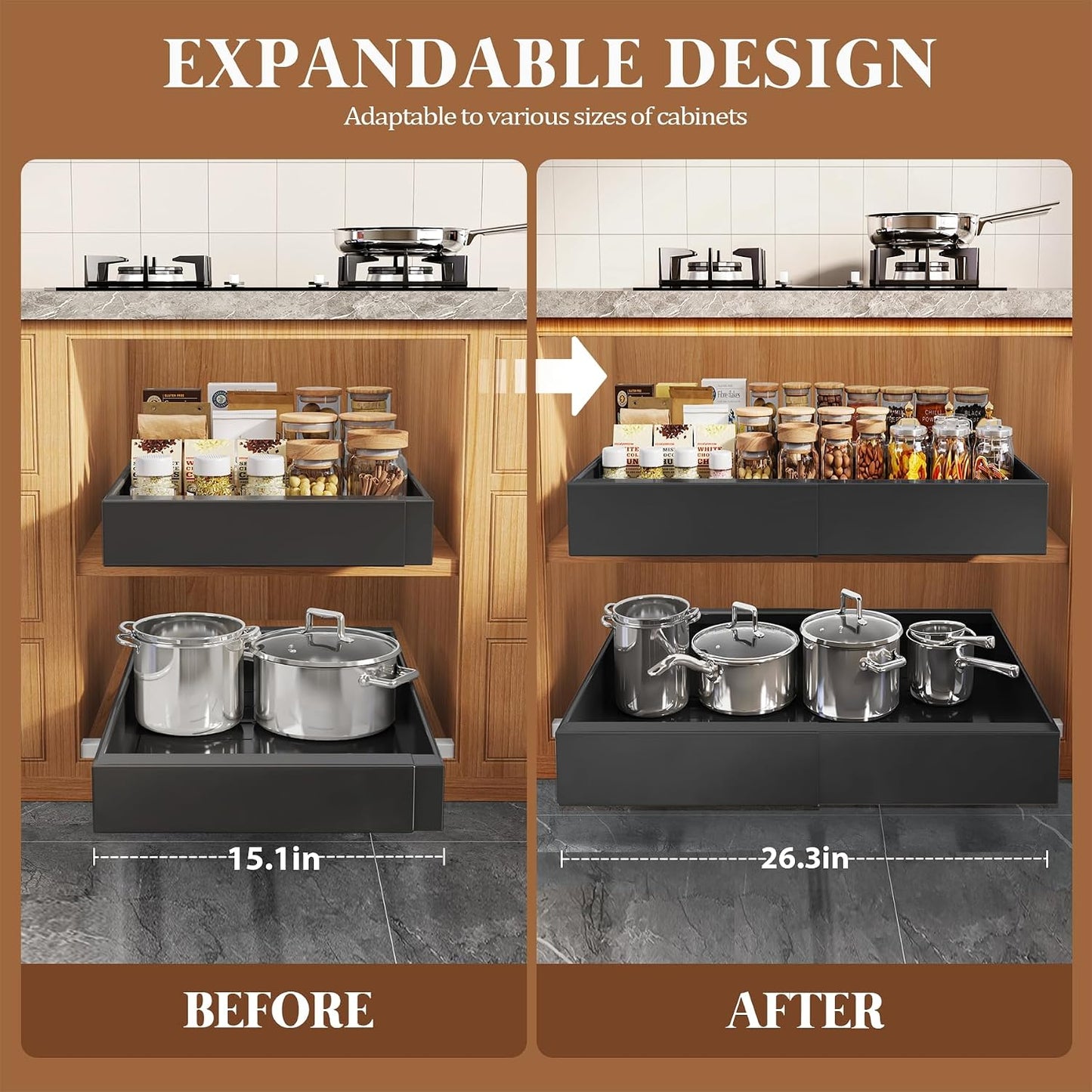 Seinloes 4 Pack Expandable Pull Out Cabinet Organizer 21"Deep With Raising Pad for Framed Cabinets,Upgrade 3 Slide Rails Slide Out Drawers,No Drill Roll Out Shelves,Adjustable Width 12.1"-20.4" White