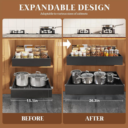 Seinloes 4 Pack Expandable Pull Out Cabinet Organizer 21"Deep With Raising Pad for Framed Cabinets,Upgrade 3 Slide Rails Slide Out Drawers,No Drill Roll Out Shelves,Adjustable Width 12.1"-20.4" White