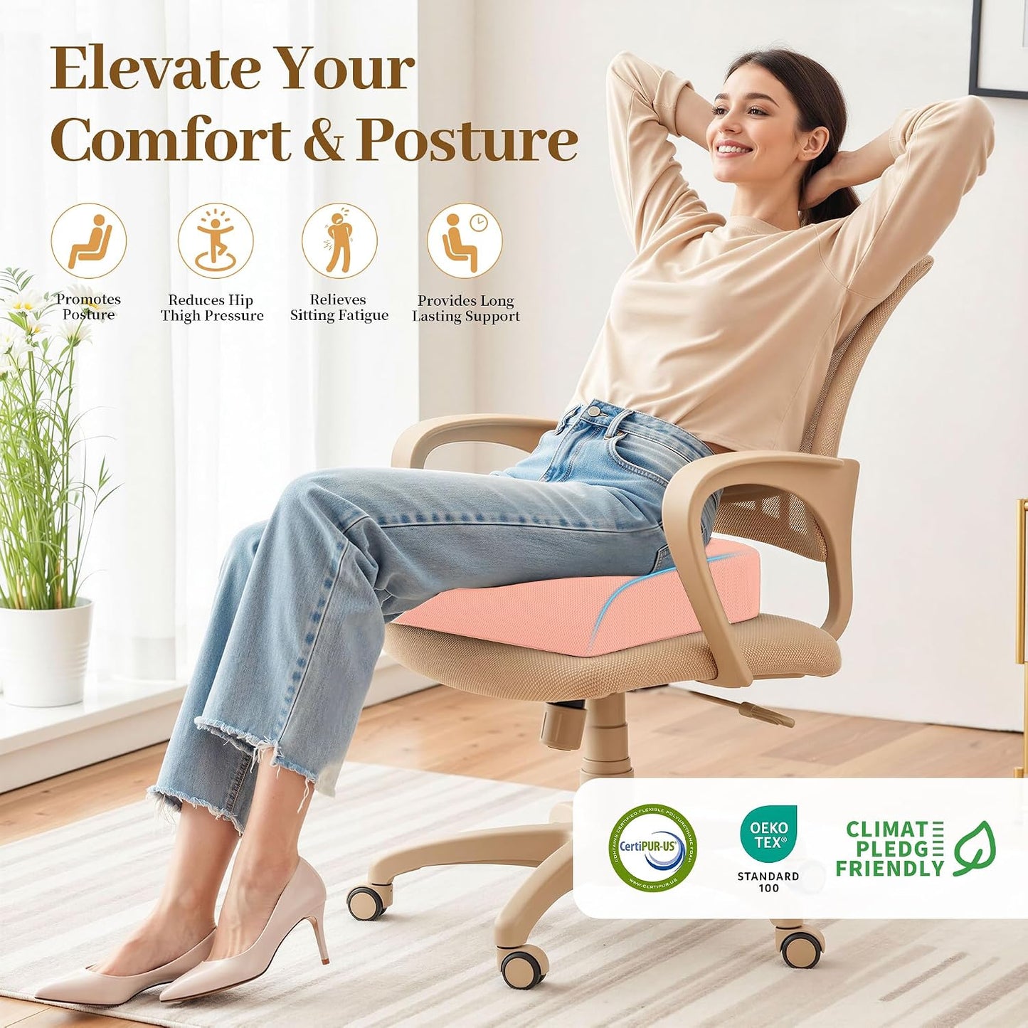 TranquilRelax Memory Foam Seat Cushion for Office Chair, 3-Inch, Black | Medium-firm Support for Long Sitting, Washable Mesh Cover, Non-slip Base, Perfect for Car Seats & Short Drivers