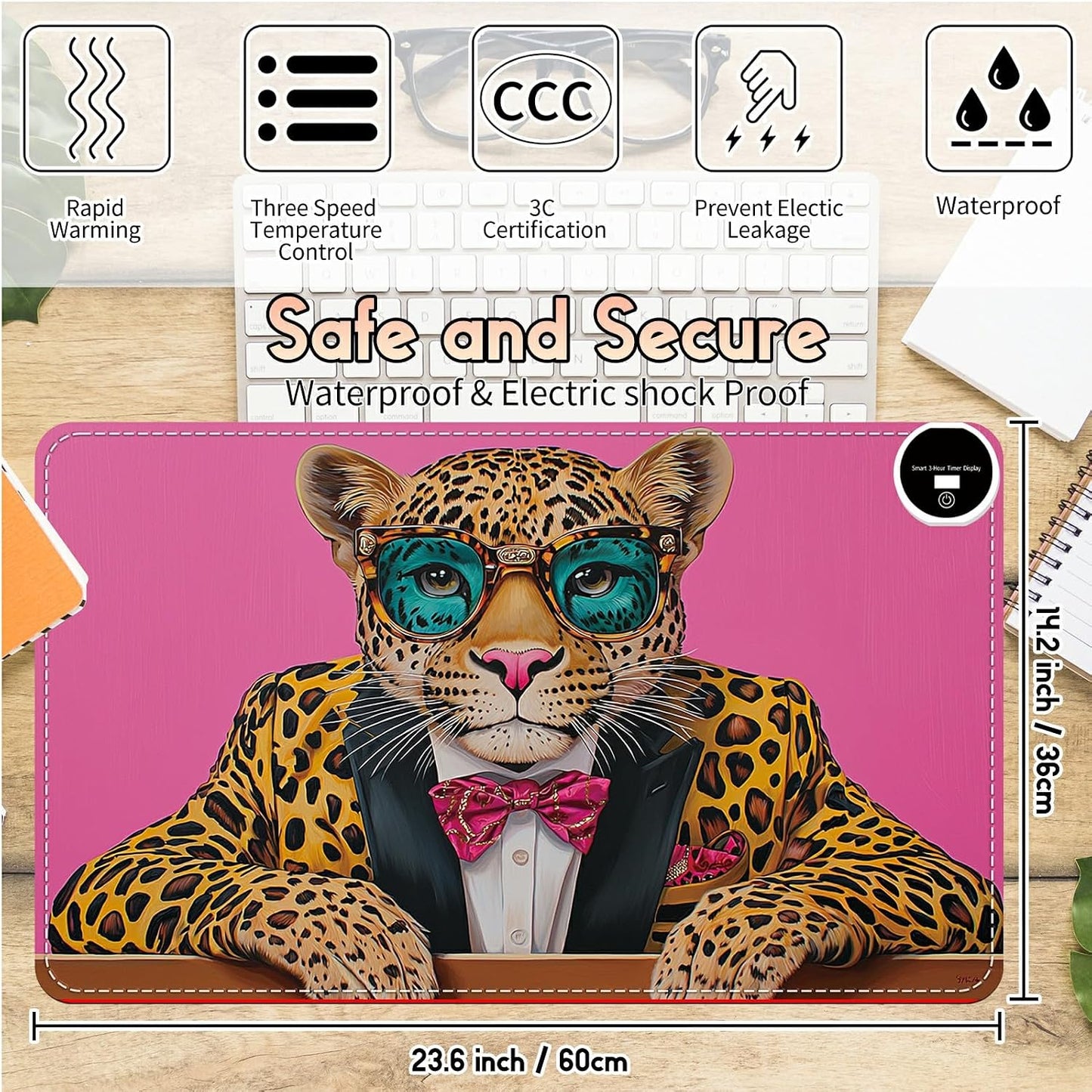 Heated Desk Pad Heated Large Mouse Pad, Electric Quickly Warm Desk Mat with 3 Levels Heating 3 Hours Auto Shut-Off, 31.5" x 13" Warm Gaming Mousepad Hand Foot Warmer, Baby Elephant