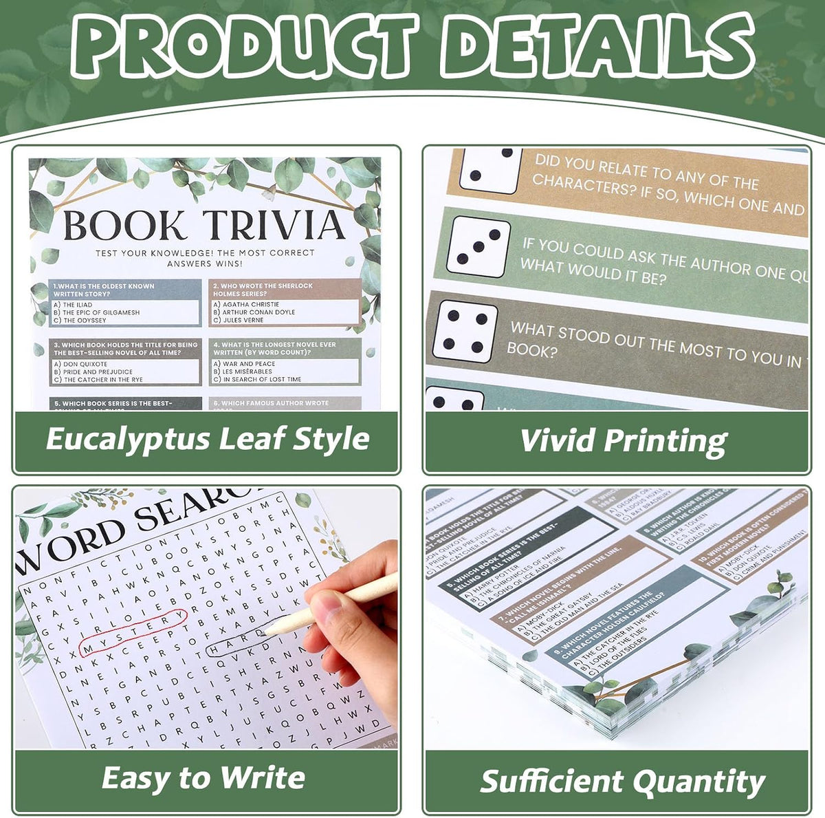 82Pcs Greenery Reading Themed Games Cards for Adults Eucalyptus Book Trivia Bingo Word Search Roll and Share Game Books Lover Party Supplies for School Classroom Book Club Library Activity Birthday