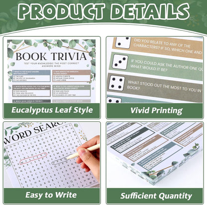 82Pcs Greenery Reading Themed Games Cards for Adults Eucalyptus Book Trivia Bingo Word Search Roll and Share Game Books Lover Party Supplies for School Classroom Book Club Library Activity Birthday