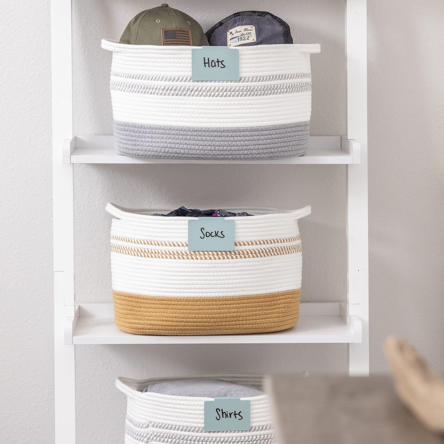 Hygge & Sage: Metal Non-Slip Basket Labels Clip On for Storage Bins, or Wire Racks | Includes 8 Labels, 8 Non-Slip Pads, and 1 Free Marker (Cream)