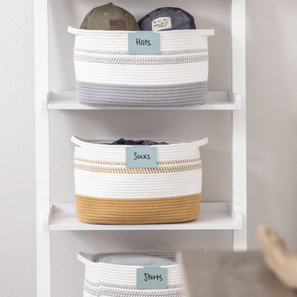 Hygge & Sage: Metal Non-Slip Basket Labels Clip On for Storage Bins, or Wire Racks | Includes 8 Labels, 8 Non-Slip Pads, and 1 Free Marker (Cream)