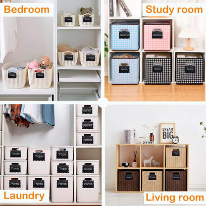 20 Basket Labels Clip On, Reusable Labels for Storage Bins, Removable Chalk Labels for Containers, Kitchen Closet Baskets and Storage Basket Holders with 2 White Chalk Markers