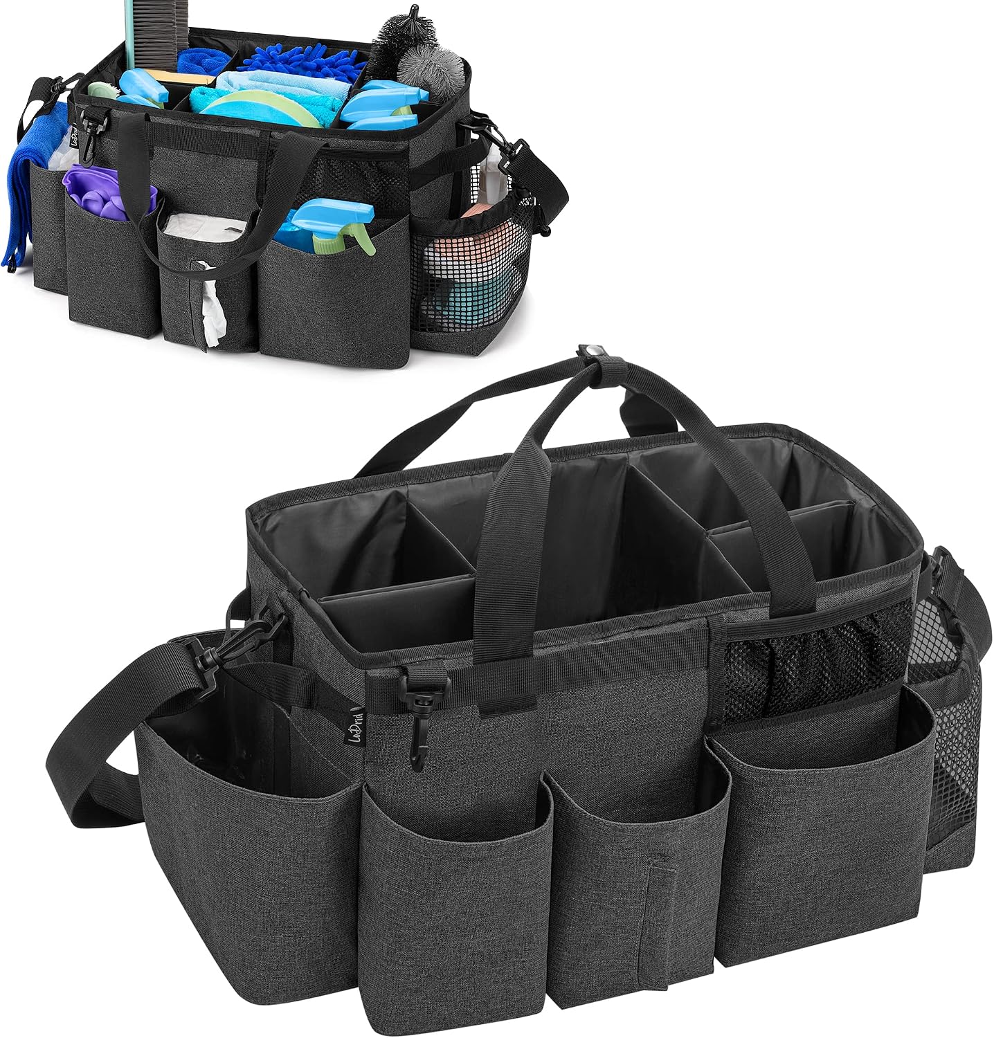 LoDrid Wearable Cleaning Caddy Bag with 4 Foldable Dividers, Black | Cleaning Supply Organizer with Shoulder Strap and Side Handles for Cleaners & Housekeepers