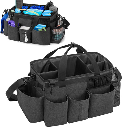 LoDrid Wearable Cleaning Caddy Bag with 4 Foldable Dividers, Black | Cleaning Supply Organizer with Shoulder Strap and Side Handles for Cleaners & Housekeepers