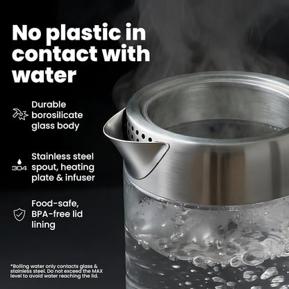 Viante Alba Electric Tea Kettle With Infuser, No Plastic, 1.5L | Borosilicate glass & 304 stainless steel construction. 4 temp presets, keep-warm, cordless, auto shut-off