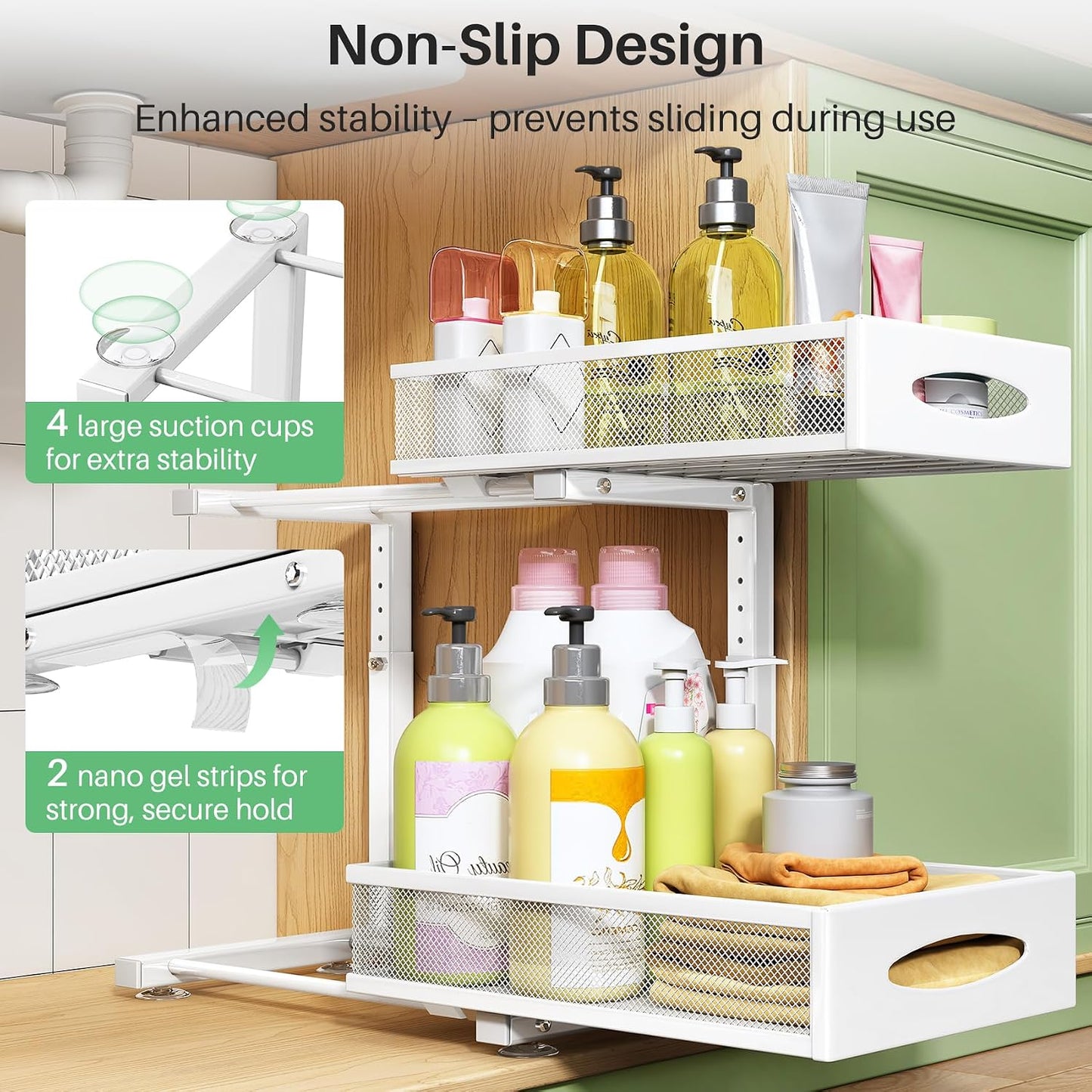Under Sink Organizer, 2 Tier Pull out Cabinet Organizer Baskets with Mesh Sliding Drawers, Slide out Storage Shelf for Home, Kitchen, Bathroom, Pantry, Office Cabinet, Countertop(1 Pack)