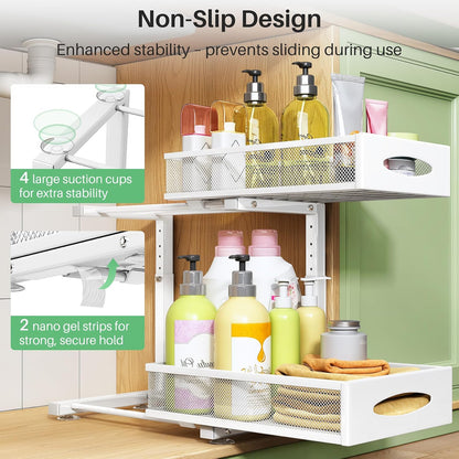 Under Sink Organizer, 2 Tier Pull out Cabinet Organizer Baskets with Mesh Sliding Drawers, Slide out Storage Shelf for Home, Kitchen, Bathroom, Pantry, Office Cabinet, Countertop(1 Pack)