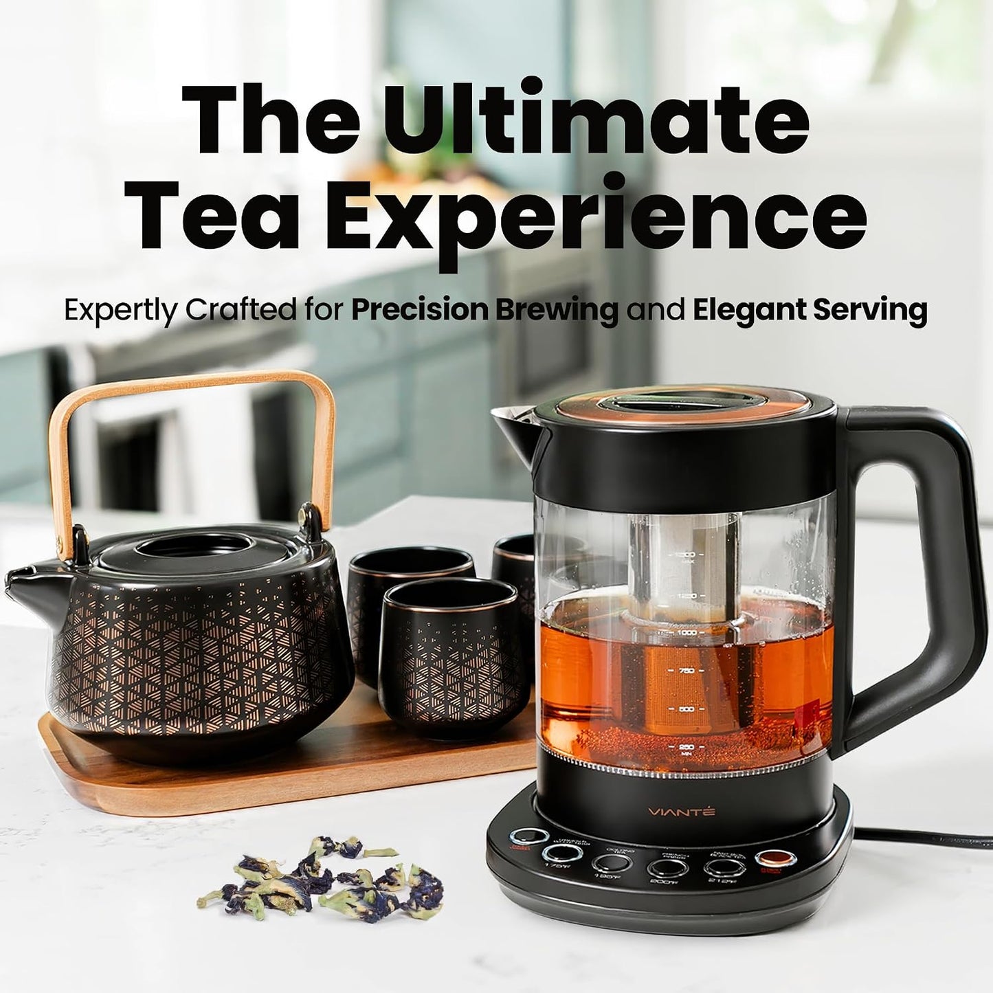 Viante Alba Electric Tea Kettle With Infuser, No Plastic, 1.5L | Borosilicate glass & 304 stainless steel construction. 4 temp presets, keep-warm, cordless, auto shut-off