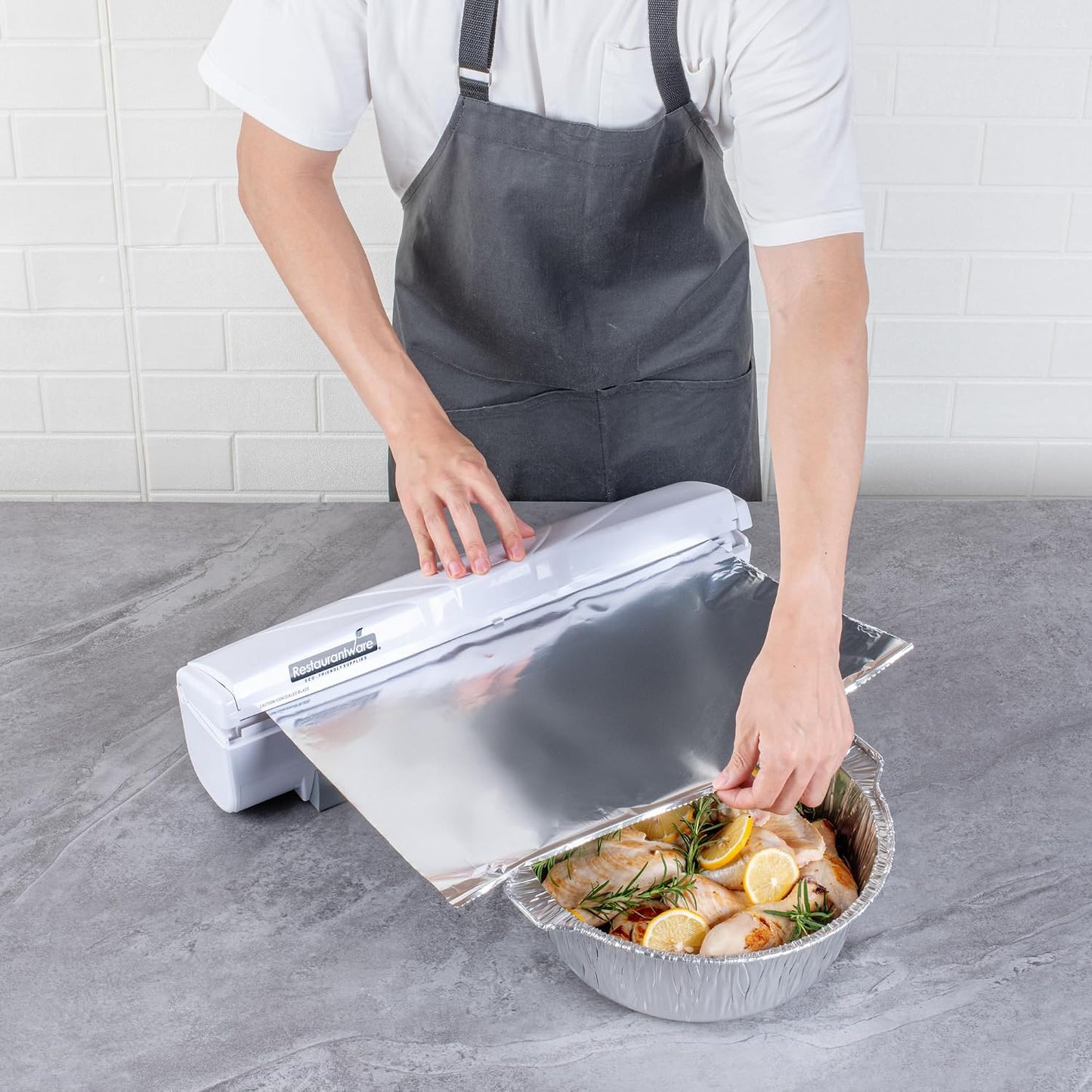 Restaurantware-Chef 101 Food Wrap Dispenser with Cutter, 1 Refillable Cling Wrap Dispenser - Fits 12” to 18” x 1000’ Rolls, Press Down and Cut, White Plastic Aluminum Foil, Sharp Blade