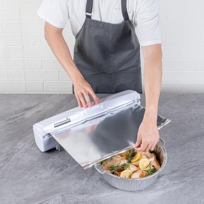 Restaurantware-Chef 101 Food Wrap Dispenser with Cutter, 1 Refillable Cling Wrap Dispenser - Fits 12” to 18” x 1000’ Rolls, Press Down and Cut, White Plastic Aluminum Foil, Sharp Blade