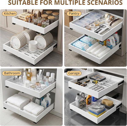 DOMNIU Pull Out Cabinet Organizers Expandable,White,16.9"Depth,2 Pack | Slide Out Drawers for Kitchen, Bathroom, Pantry, Under Sink Storage, Fixed with Adhesive Nano Film (11.6''-17.5'')