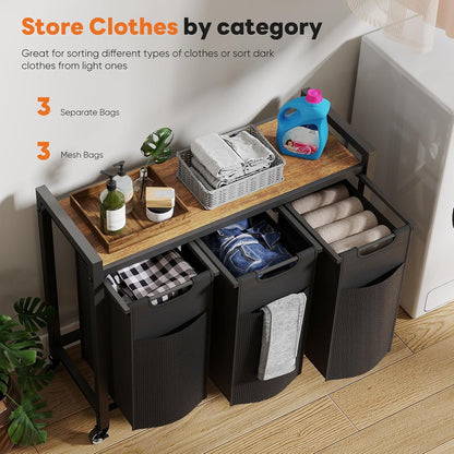 NEWBULIG Laundry Hamper Sorter with Wheels, Rolling Laundry Basket with Shelf & Removable Pull-Out Bag, Dirty Clothes Hamper for Room Organizer, 3 x 10.6 Gal (120L) - Rustic Brown and Black