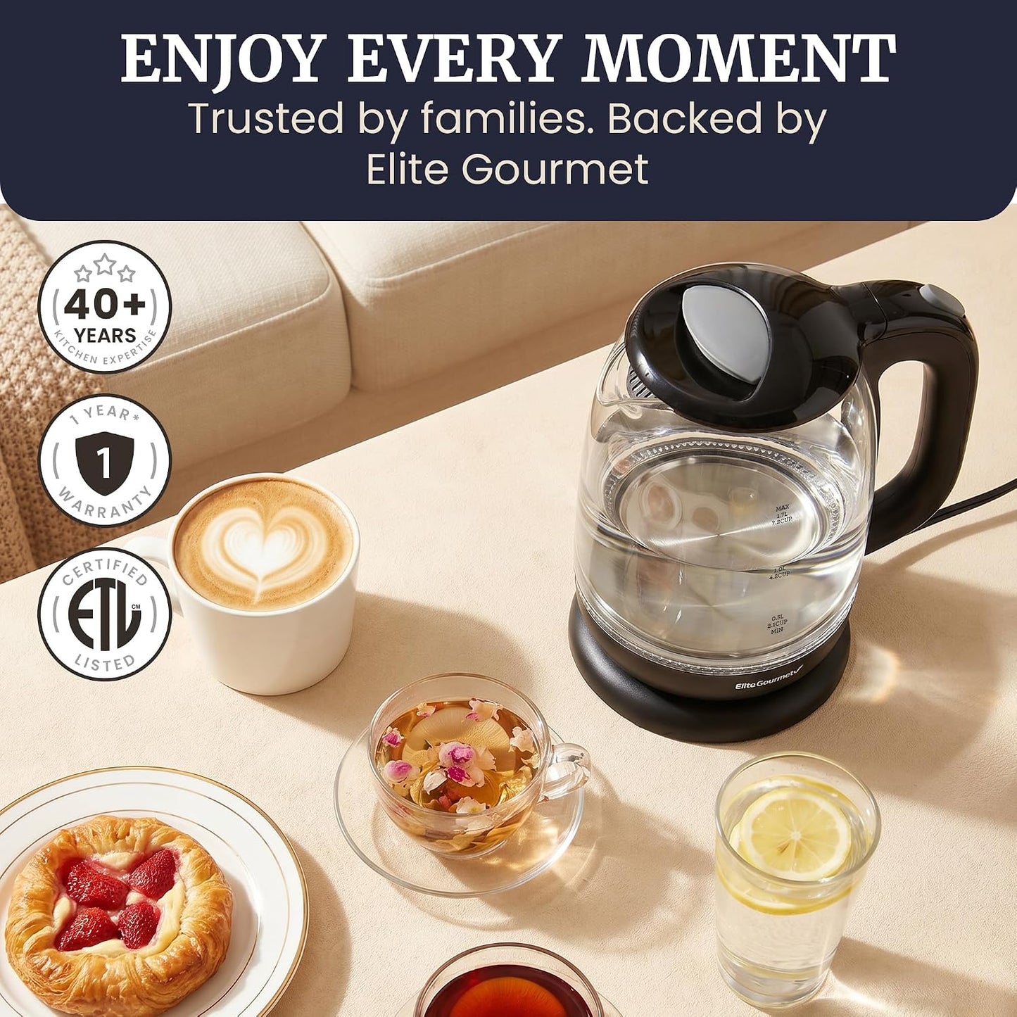 Elite Gourmet EKT1792M 1.7L Glass Kettle, Blue LED, Rapid Boil, 7.2 Cups | Auto Shut-Off, Boil-Dry Protection, 360° Cordless Base, Hot Water for Tea, Coffee & Oatmeal
