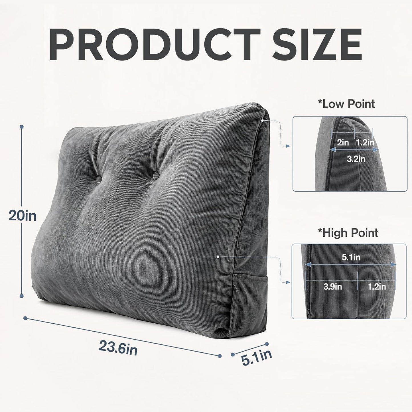 Couch Back Cushion, Shredded Foam Lumbar Support Pillow with Side Pocket | Triangle Ergonomic Back Pillow with Removable Linen Cover for Sofa, Armchair, Bed Sitting, Couch Pillow for Reading TV Gaming