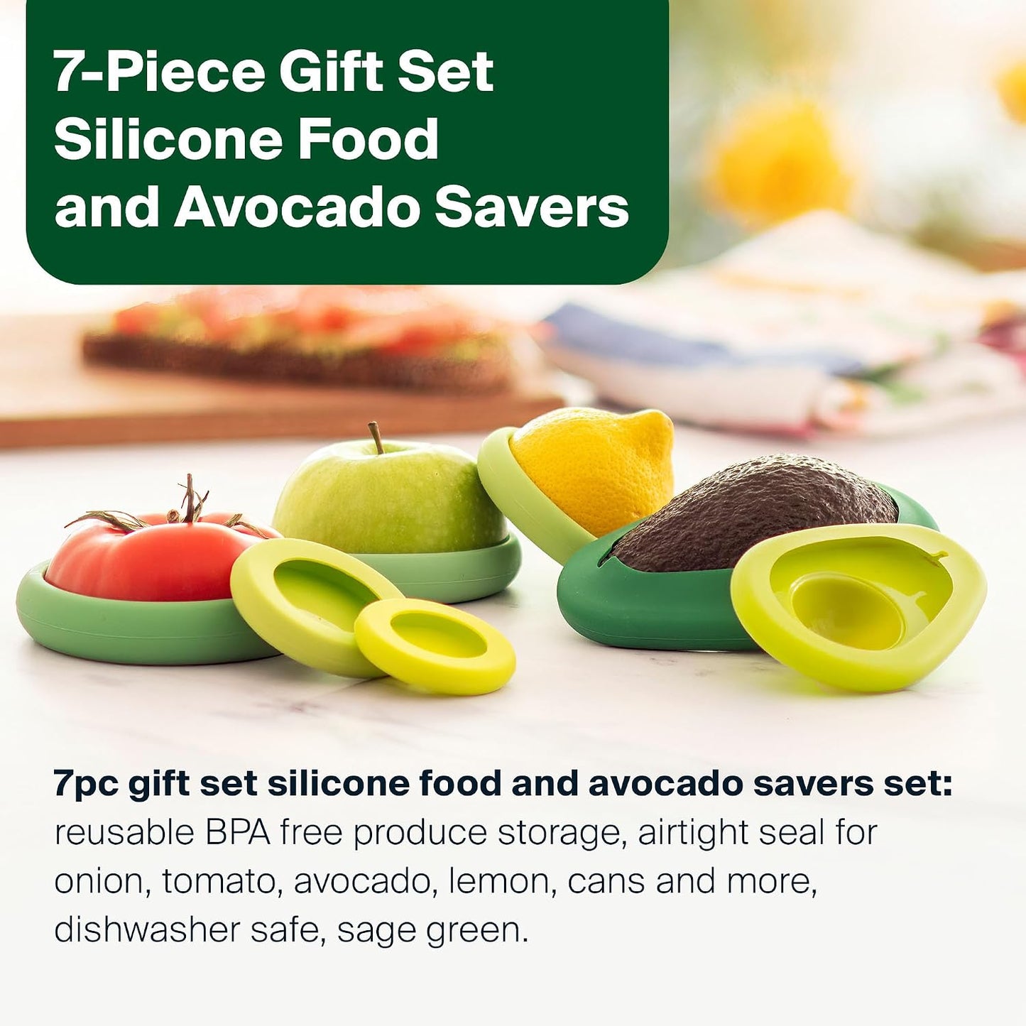 Food Huggers 7pc Gift Set Silicone Food & Avocado Savers Set | Reusable BPA Free Produce Storage | Airtight Seal for Onion, Tomato, Avocado, Lemon, Cans & More | Dishwasher Safe, Sage Green