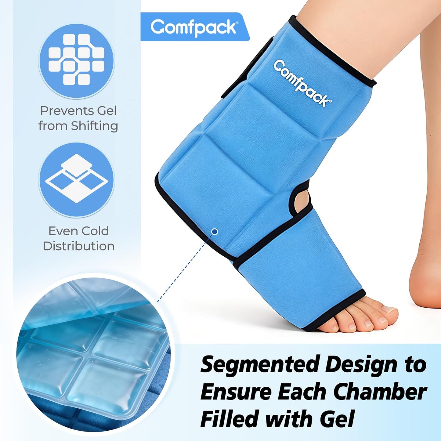 Comfpack Ankle Foot Ice Pack Wrap for Sprained Ankle/Surgery Recovery, 30% More Gel Cold Compression Therapy with Sectional Design for Plantar Fasciitis, Swelling, Achilles Tendonitis, FSA Eligible