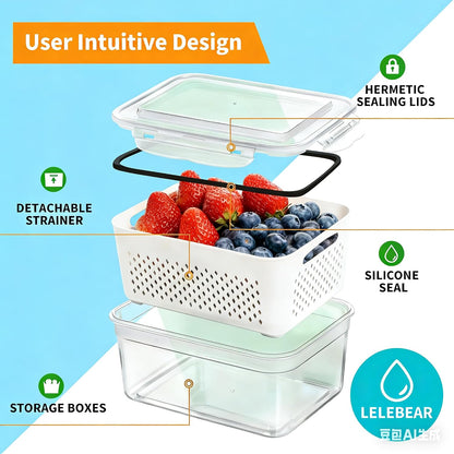 4 in 1 Food Storage Container-2/3 Pack Set with Lids, Fruit Storage Containers for Fridge with Removable Colander,Stackable Fridge Transparent Plastic Storages Box, Dishwasher Safe (Gray, S+M+L)