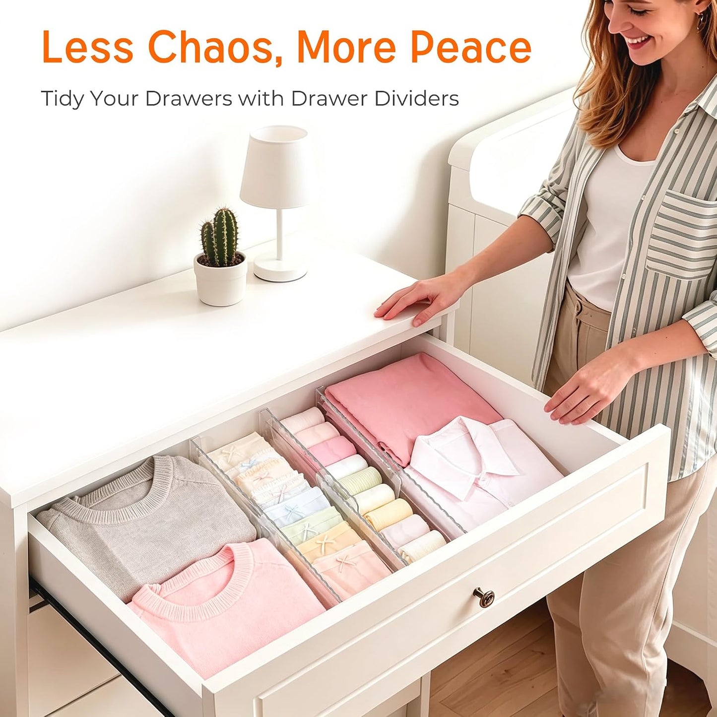 4 Pack 4" High Drawer Dividers for Clothes, 10.2"-16.5" Expandable | Dresser Drawer Organizers, Adjustable Plastic Clear Drawer Separators for Kitchen, Baby Clothing, Socks & Underwear Storage